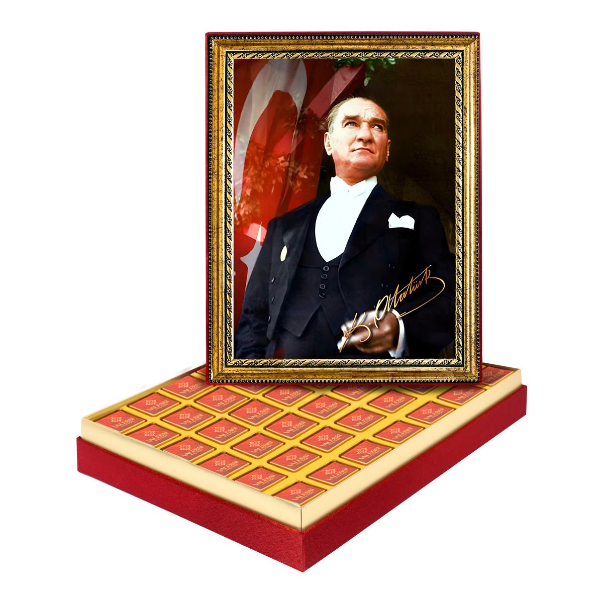 Atatürk ve İmzası Çerçeveli Tablo Kutuda Logolu Çikolata