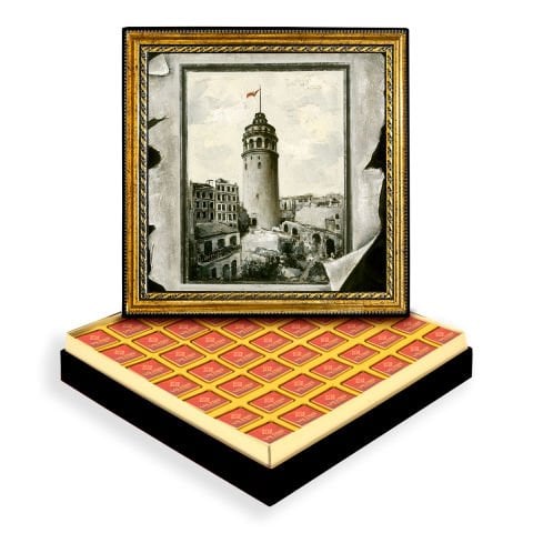 Parşömen Galata Kulesi Çerçeveli Tablo Kutuda Logolu Çikolata
