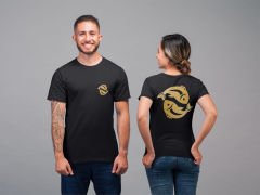 Balık Burcu Sembolü Çift Taraf Baskılı Siyah T-Shirt