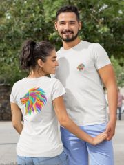 Aslan Burcu Renkli Sembol Çift Taraf Baskılı Beyaz T-Shirt