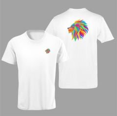 Aslan Burcu Renkli Sembol Çift Taraf Baskılı Beyaz T-Shirt