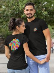 Aslan Burcu Renkli Sembol Çift Taraf Baskılı Siyah T-Shirt