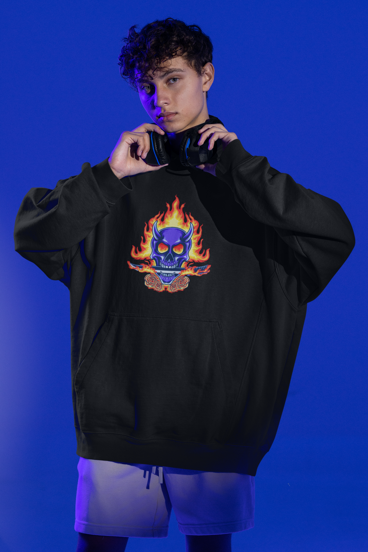 Blue Skull Rose Hellfire Oversize Hoodie