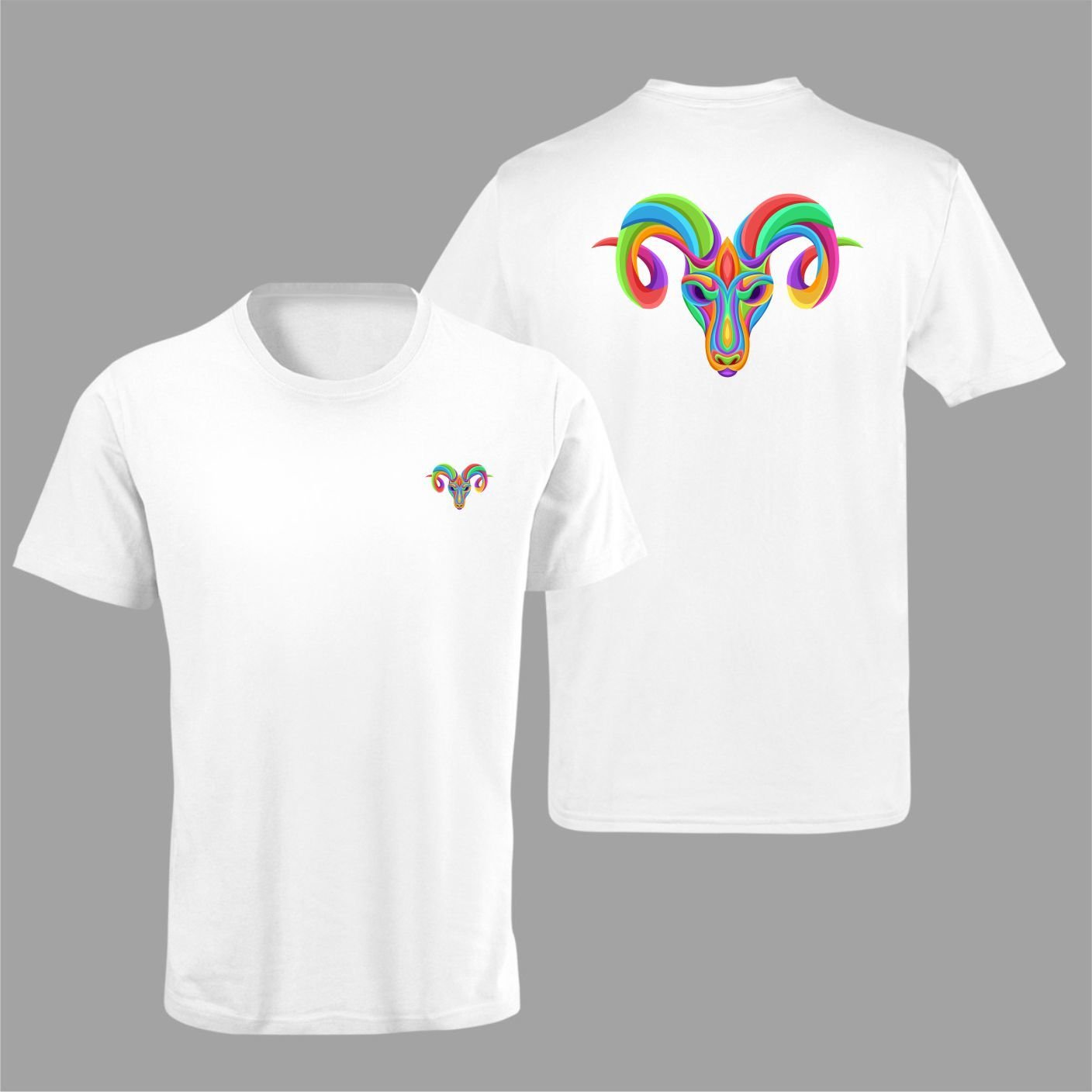 Koç Burcu Renkli Sembol Çift Taraf Baskılı Beyaz T-Shirt