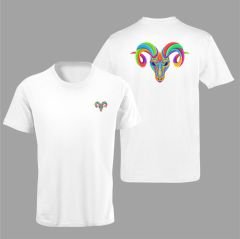 Koç Burcu Renkli Sembol Çift Taraf Baskılı Beyaz T-Shirt