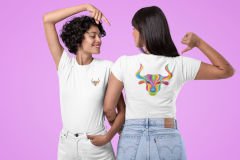 Boğa Burcu Renkli Sembol Çift Taraf Baskılı Beyaz T-Shirt