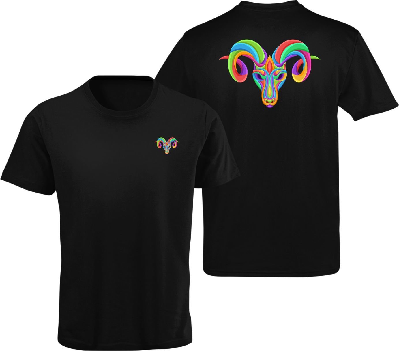 Koç Burcu Renkli Sembol Çift Taraf Baskılı Siyah T-Shirt