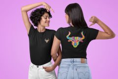 Boğa Burcu Renkli Sembol Çift Taraf Baskılı Siyah T-Shirt
