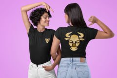 Boğa Burcu Sembolü Çift Taraf Baskılı Siyah T-Shirt
