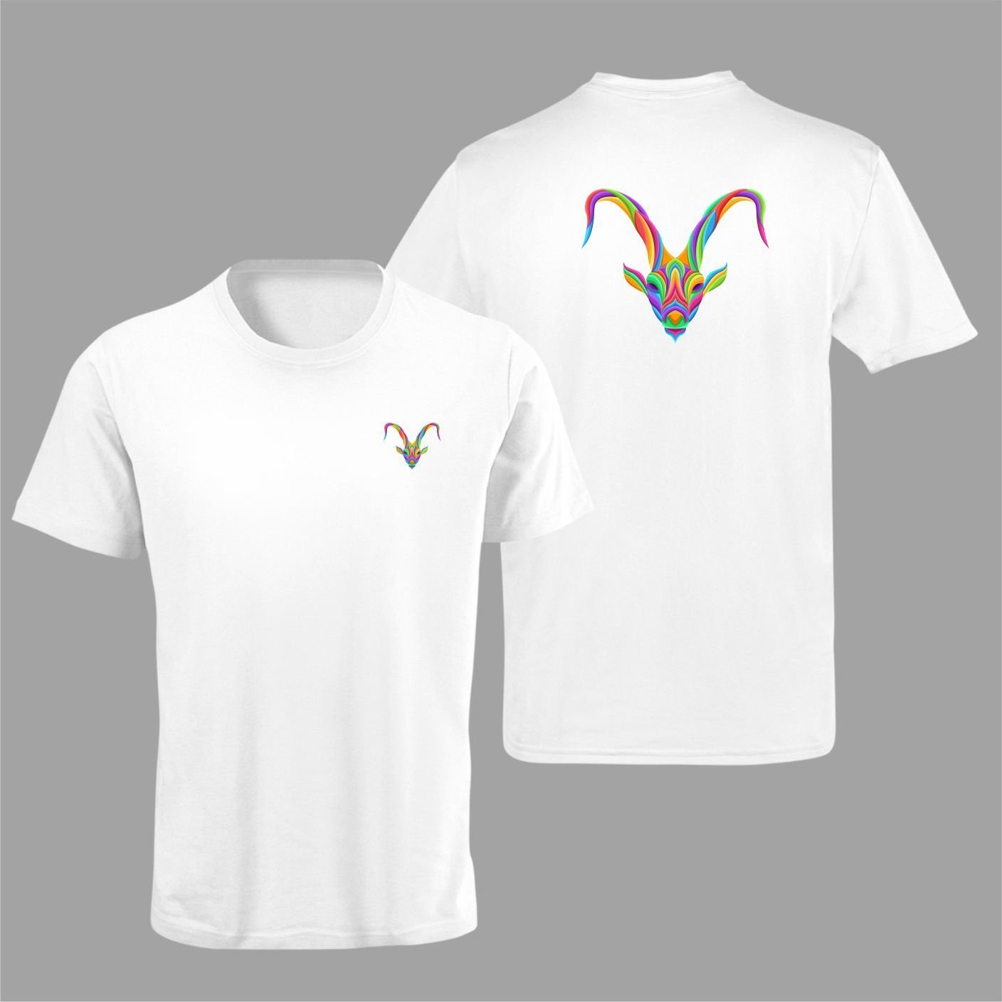 Oğlak Burcu Renkli Sembol Çift Taraf Baskılı Beyaz T-Shirt