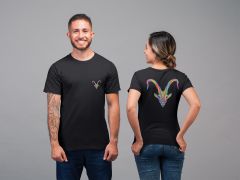 Oğlak Burcu Renkli Sembol Çift Taraf Baskılı Siyah T-Shirt