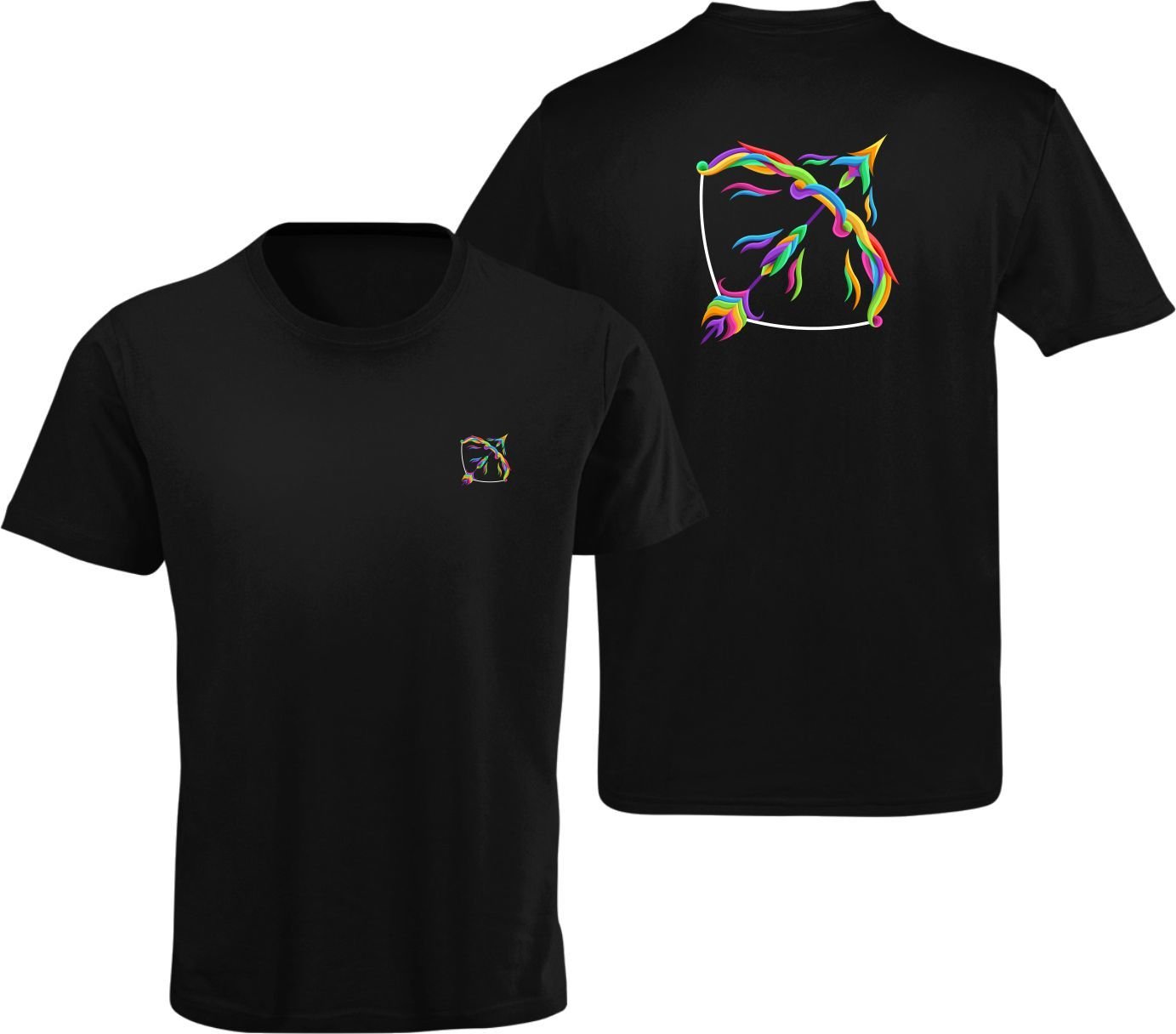 Yay Burcu Renkli Sembol Çift Taraf Baskılı Siyah T-Shirt