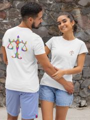 Terazi Burcu Renkli Sembol Çift Taraf Baskılı Beyaz T-Shirt