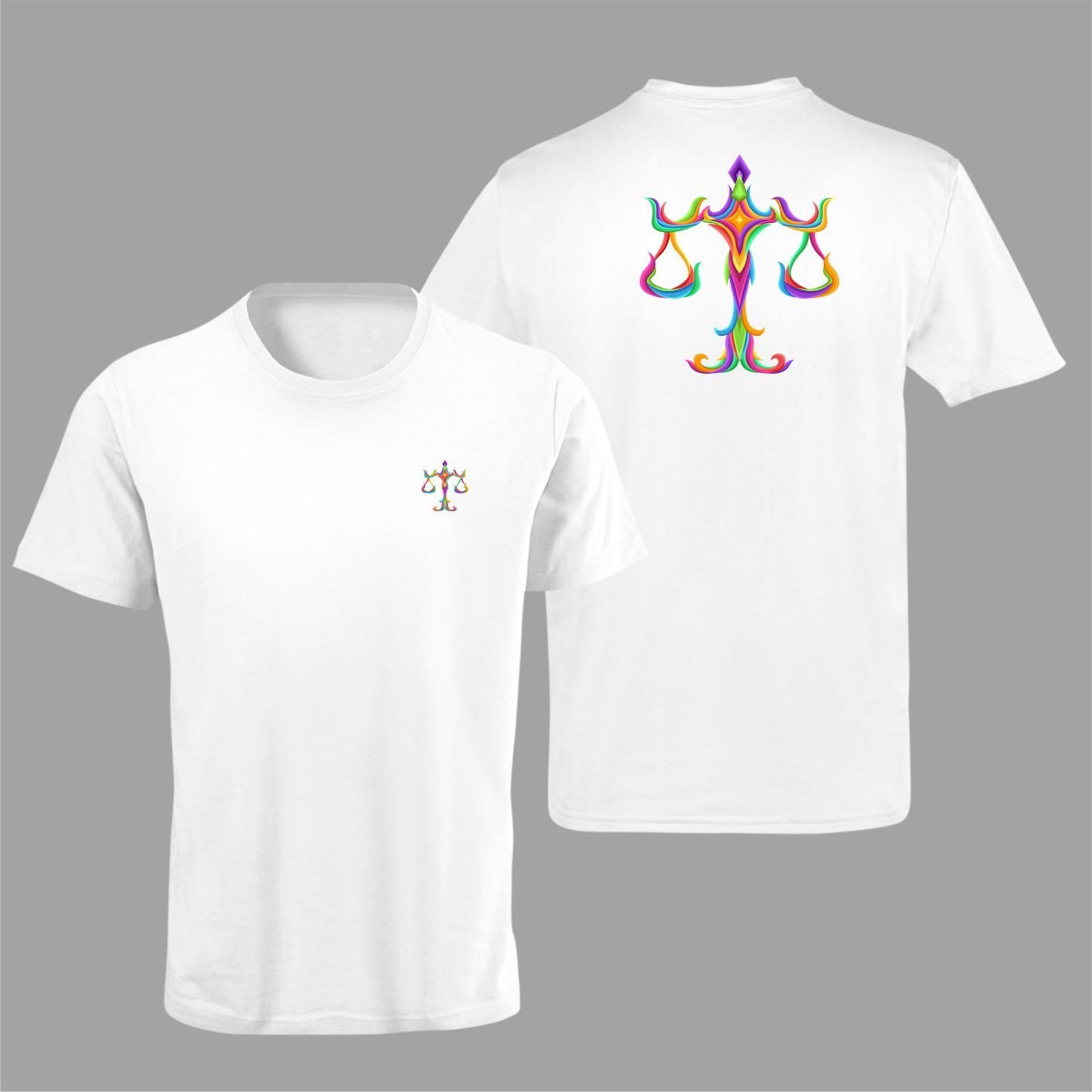 Terazi Burcu Renkli Sembol Çift Taraf Baskılı Beyaz T-Shirt