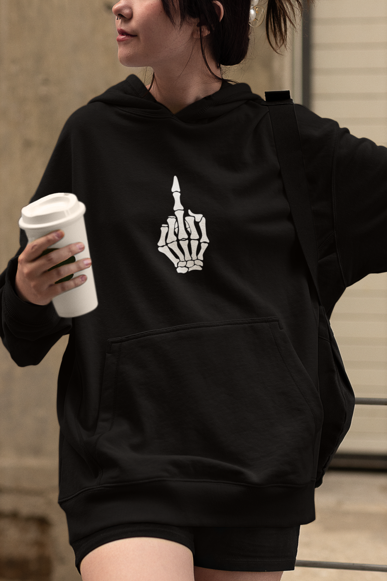 İskelet Orta Parmak Oversize Hoodie