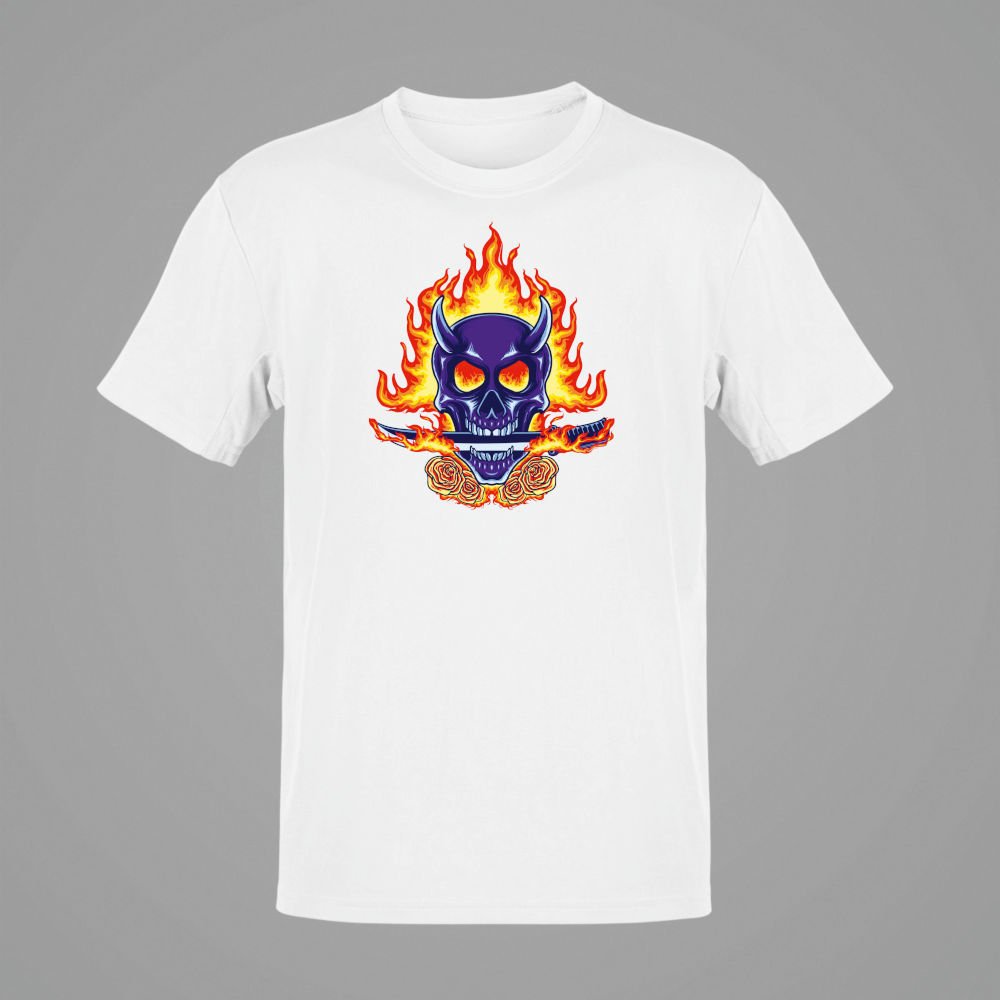 Blue Skull Rose Hellfire Beyaz T-Shirt