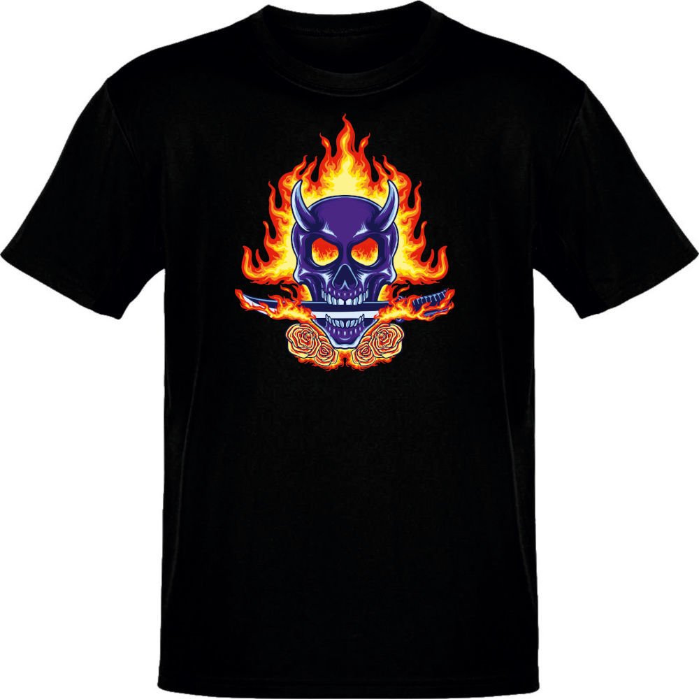 Blue Skull Rose Hellfire Siyah T-Shirt