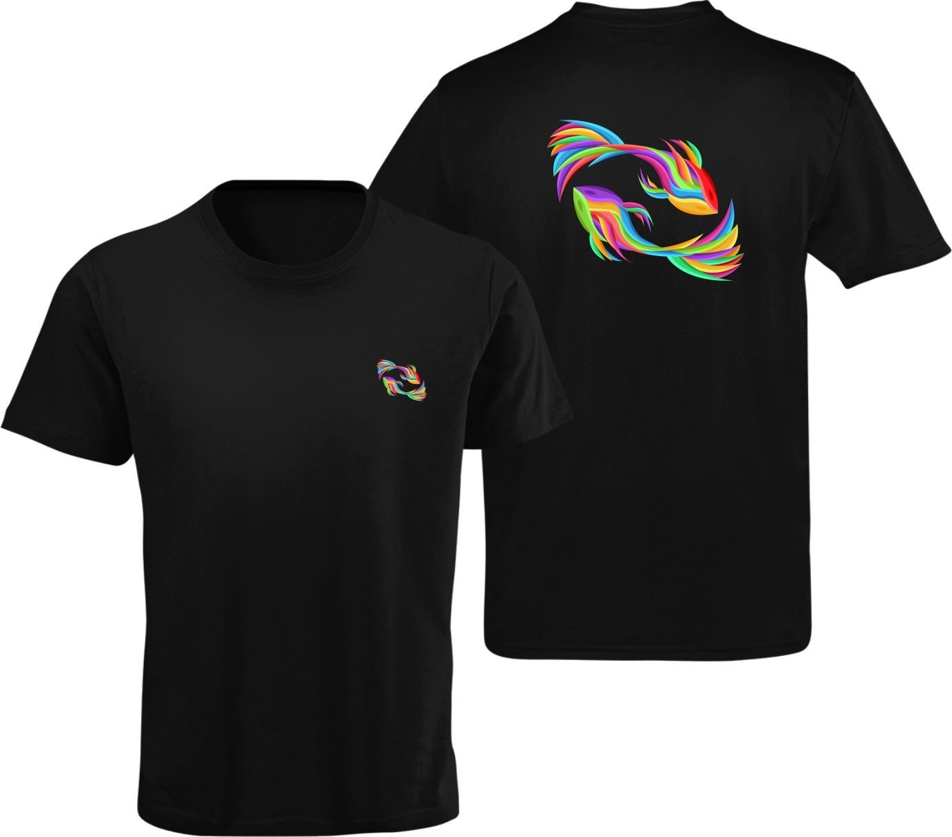Balık Burcu Renkli Sembol Çift Taraf Baskılı Siyah T-Shirt