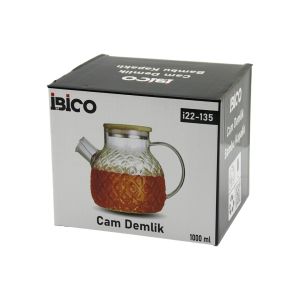 İBİCO İ22-135 ( 1000ML ) ( KABARTMA DESEN ) ( CAM DEMLİK ) ( BAMBU DIŞ YÜZEY & METAL İÇ YÜZEY & SİLİKON CONTALI KAPAK )*48