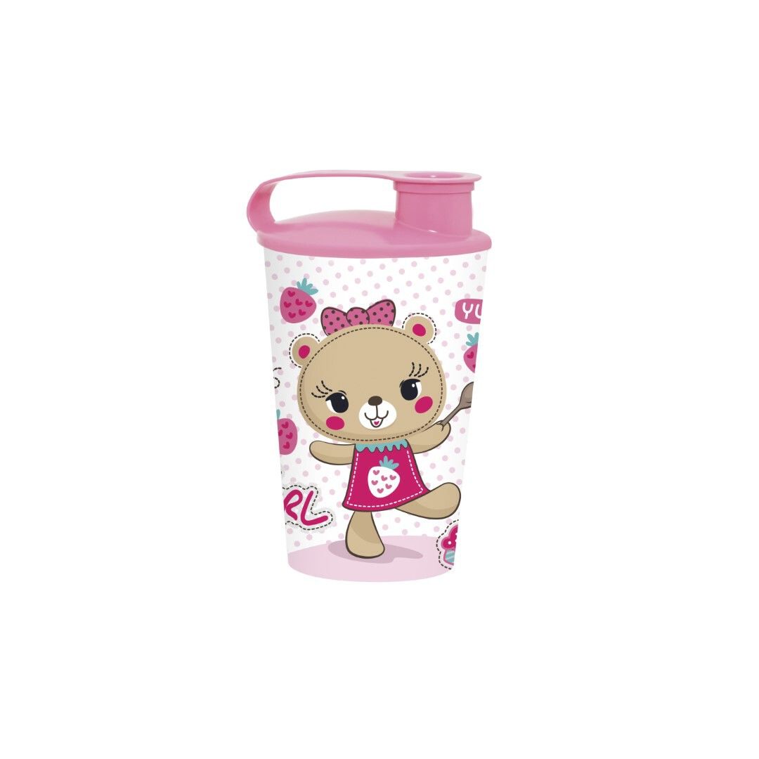 340 CC DESENLİ KAPAKLI BARDAK-PEMBE AYICIK *36