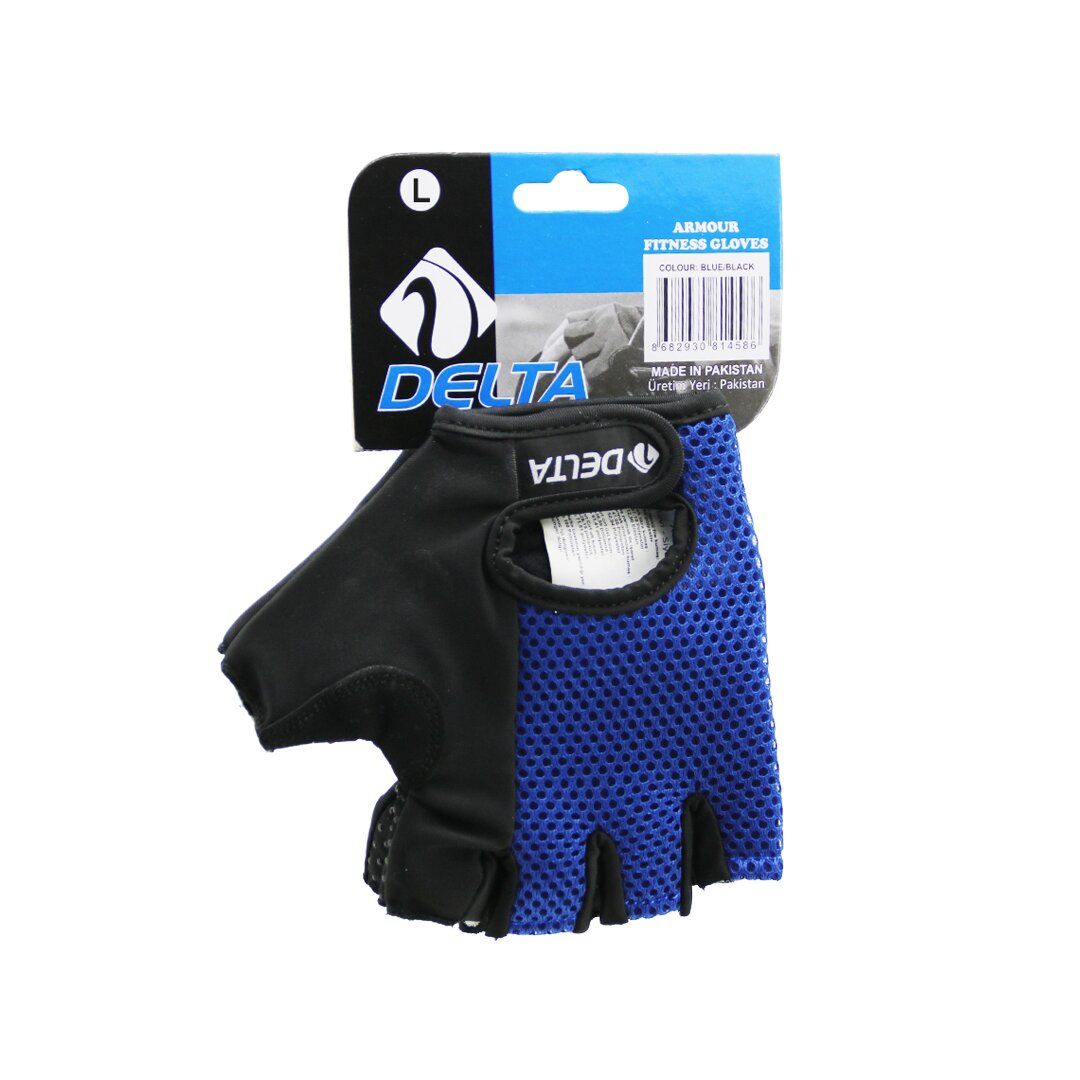 DELTA ARMOUR FITNESS GLOVES ( L LARGE ) ( PARMAKSIZ & FİLELİ ) SPORCU ELDİVENİ ( MAVİ /SİYAH )*50