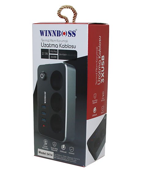 WINBOSS-3414 TERMAL AKIM KORUMALI ( 2.1A ) ( 3LÜ PRİZ ) ( 3XUSB ) ( 2MT ) ANAHTARLI UZATMA KABLO SİYAH*30