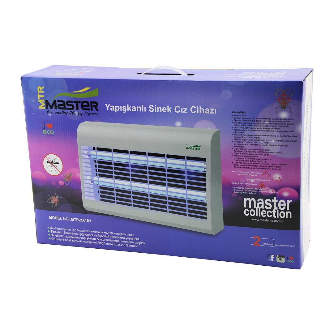 MASTER MTR-2X15(Y) ( YAPIŞKANLI ) SİNEK ÖLDÜRÜCÜ CIZ CİHAZI MAKİNE (30W) (2PCS LED FLORESAN) (100M2 ETKİLİ) (47.5X9.5X29CM)*4
