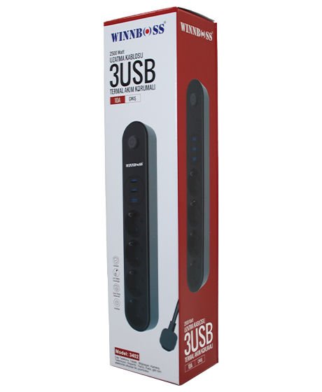 WINBOSS-3402 TERMAL AKIM KORUMALI ( 4LÜ PRİZ ) ( 3XUSB ) ( 2MT ) ANAHTARLI UZATMA KABLO SİYAH ( 10A & 2500W )*40