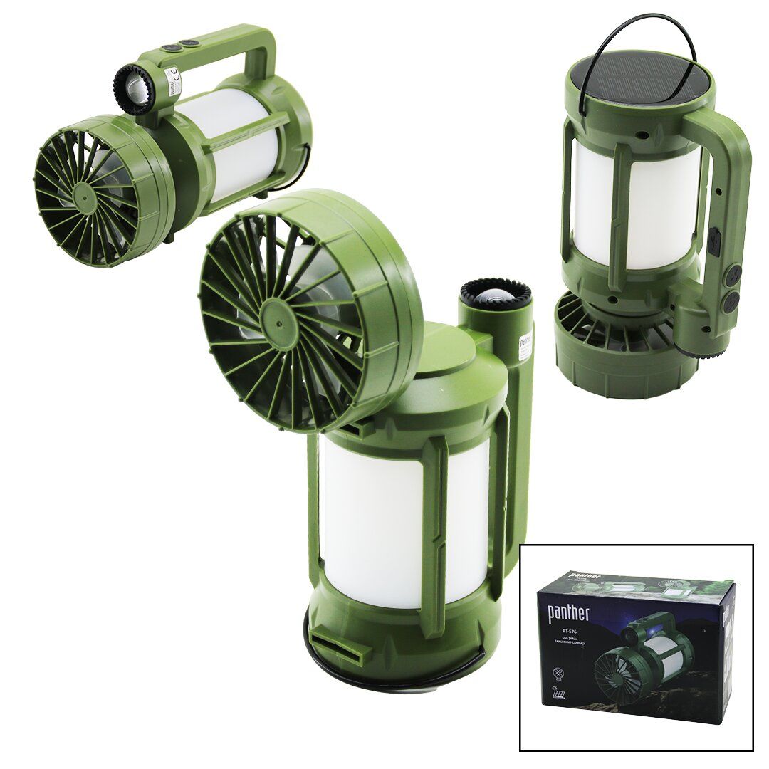PANTHER PT-576 (3İN1=FAN & 2-FENER) (SOLAR & USB ŞARJ) VANTİLATÖR & KAMP LAMBA (FENER:10W+5W) (FAN=90° OYNAR BAŞ& TEK KADEME)*40