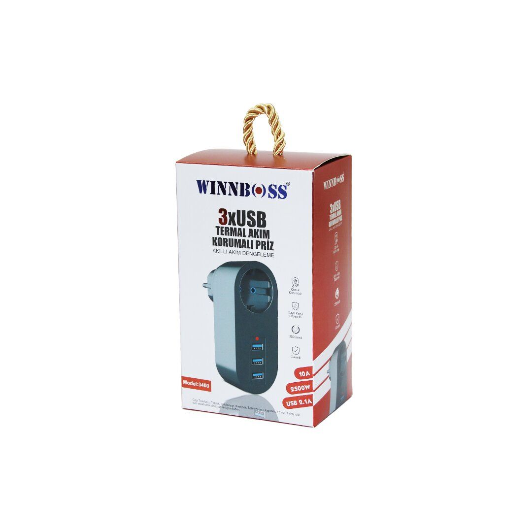 WINNBOSS MODEL-3400 ( TERMAL AKIM KORUMALI ) ( 1XPRİZ ) ( 3XUSB ) DUVAR TİPİ PRİZ ( 10A & 2500W & USB 2.1A ) ( 2500W )*136