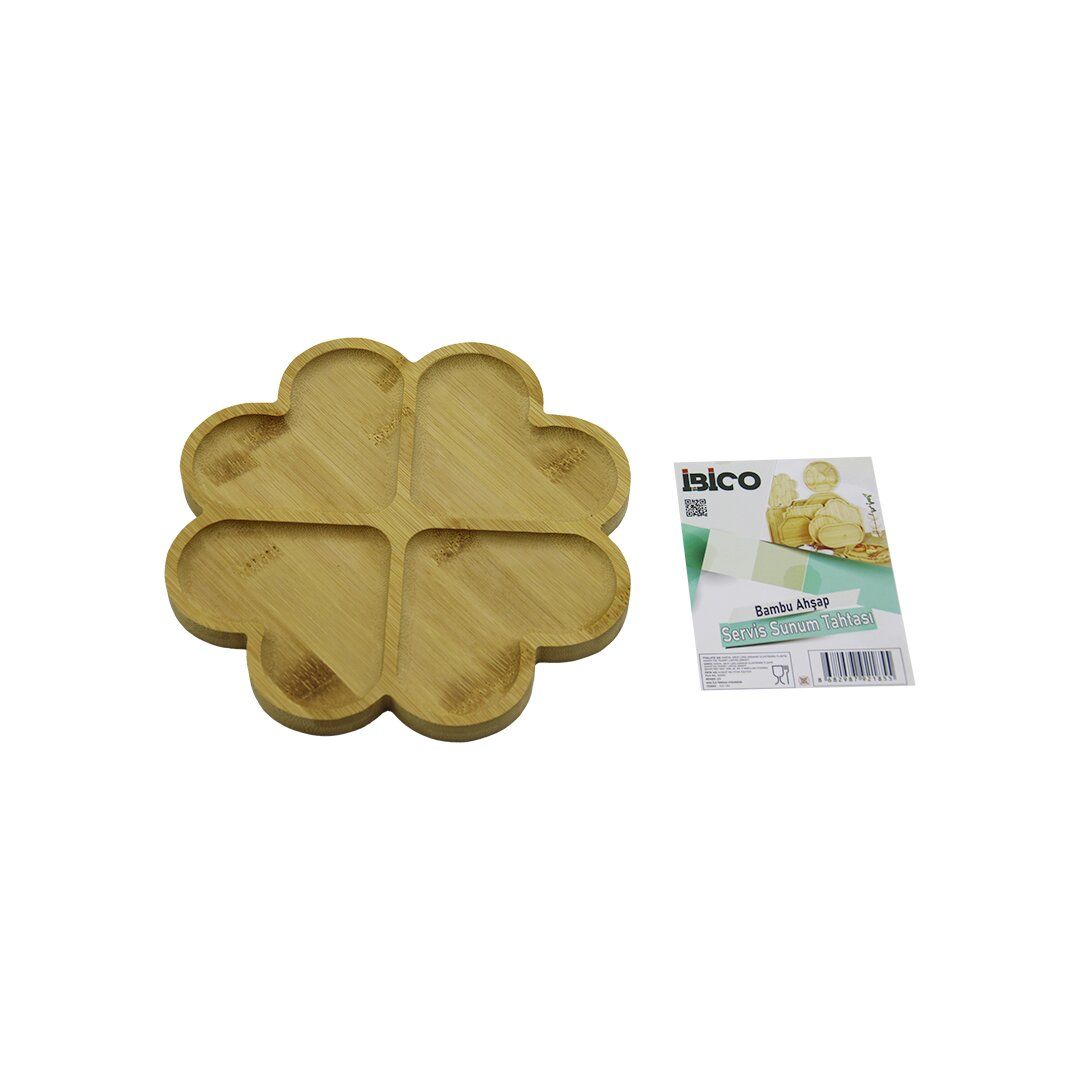 İBİCO İ22-185 ( YUVARLAK ) ( 4 KALP BÖLMELİ ) AHŞAP BAMBU SERVİS SUNUM TEPSİ & TAHTASI ( 21 X 1.4CM )*36