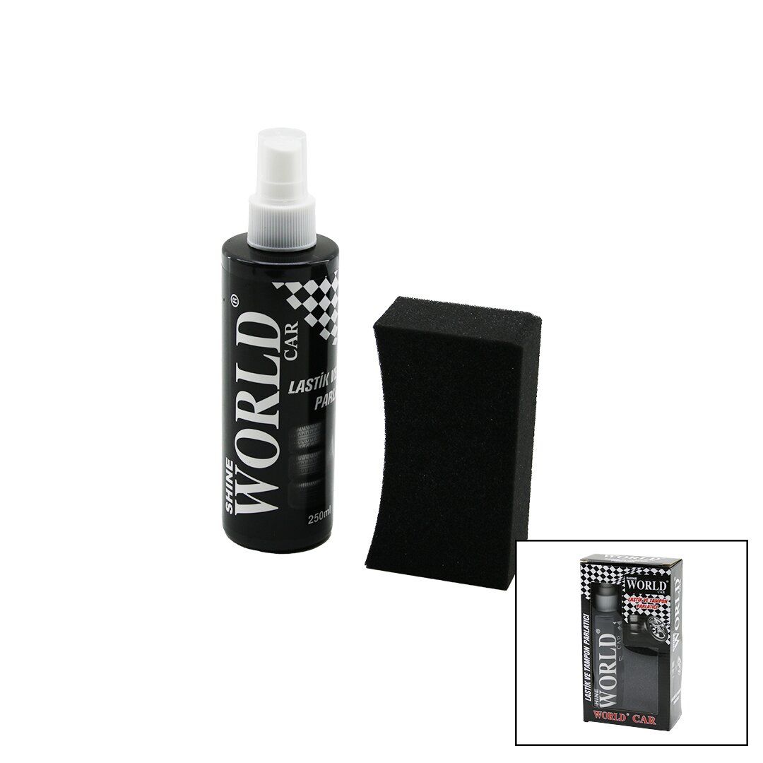 SHINE WORLD CAR ( LASTİK & TAMPON ) PARLATICI SPREY SETİ ( PLASTİK ŞİŞE ) ( 250ML ± %10 ) ( PARLATMA SÜNGERİ )*24