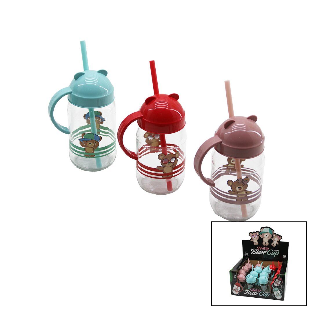 QLUX C-00374 TEDY BEAR ( PİPETLİ  ) ( CAM ) BARDAK (AYICIK RESİMLİ) (370CC) (AYICIK FİGÜRLÜ& RENKLİ PLASTİK& KULPLU KAPAK)*32=K