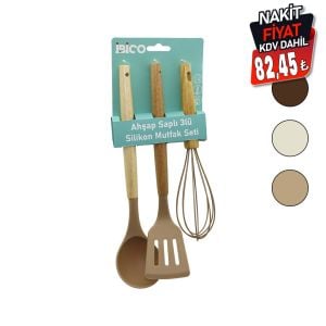 İBİCO İ22-008 ( 3PCS ) ( RENKLİ SİLİKON ) MUTFAK SETİ ( AHŞAP & BAMBU SAPLI ) ( ÇIRPICI  & KEPÇE  & SPATULA ) ( 25-30CM )*12X6