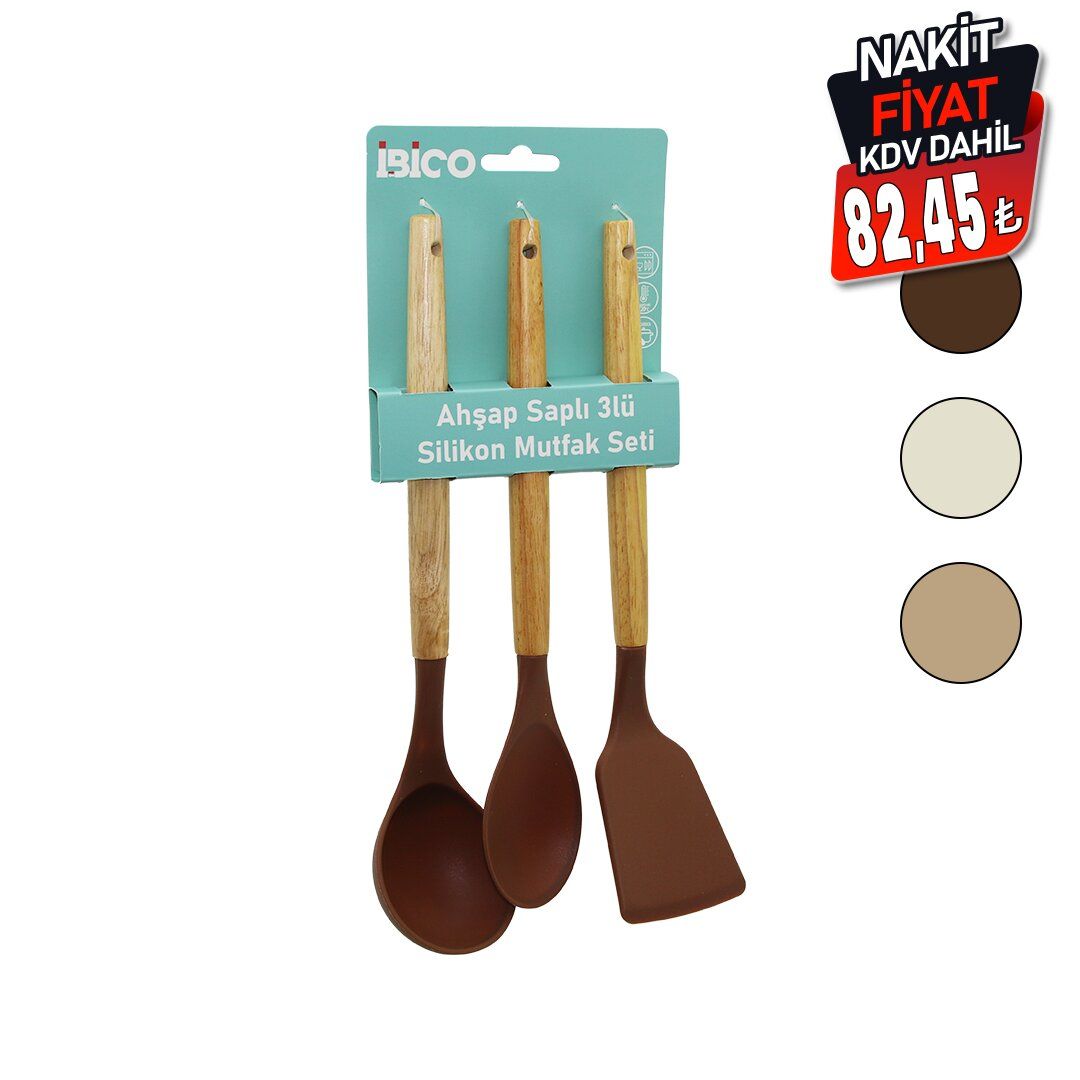 İBİCO İ22-009 ( 3PCS ) ( RENKLİ SİLİKON ) ( AHŞAP & BAMBU SAPLI ) MUTFAK SETİ ( KEPÇE & KAŞIK & SPATULA ) ( 30CM )*12X6