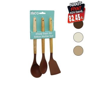İBİCO İ22-009 ( 3PCS ) ( RENKLİ SİLİKON ) ( AHŞAP & BAMBU SAPLI ) MUTFAK SETİ ( KEPÇE & KAŞIK & SPATULA ) ( 30CM )*12X6