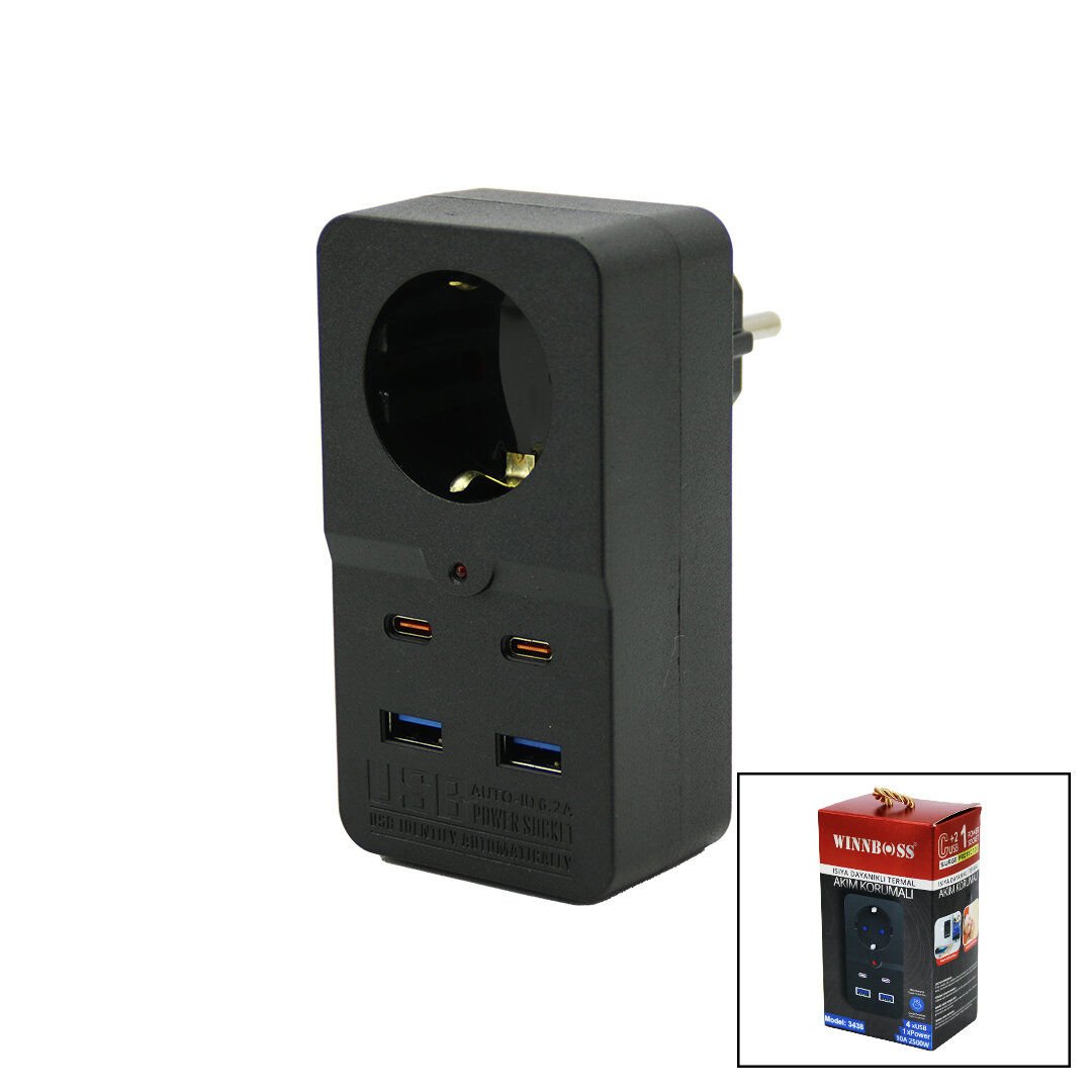 WINBOSS-3438 TERMAL AKIM KORUMALI  ( 1XPRİZ ) ( 2X USB ) ( 2X TYPE-C ) DUVAR TİPİ PRİZ SİYAH ( 10A & 2500W )*64
