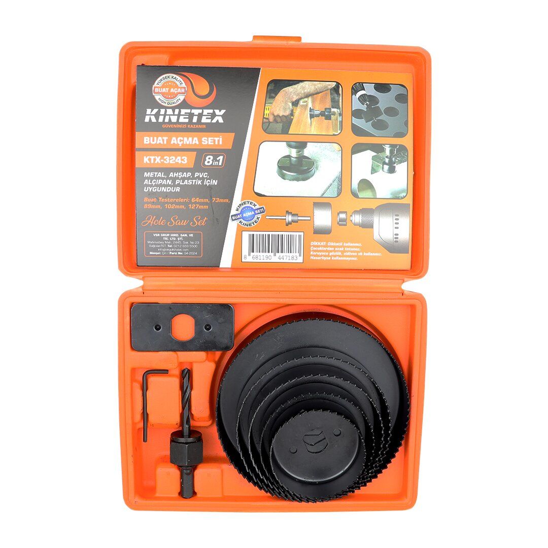 KINETEX KTX-3243 (8İN1) BUAT AÇMA PANÇ SETİ (METAL & AHŞAP & PVC & ALÇIPAN & PLS.) (64-73-89-102-127MM)*34