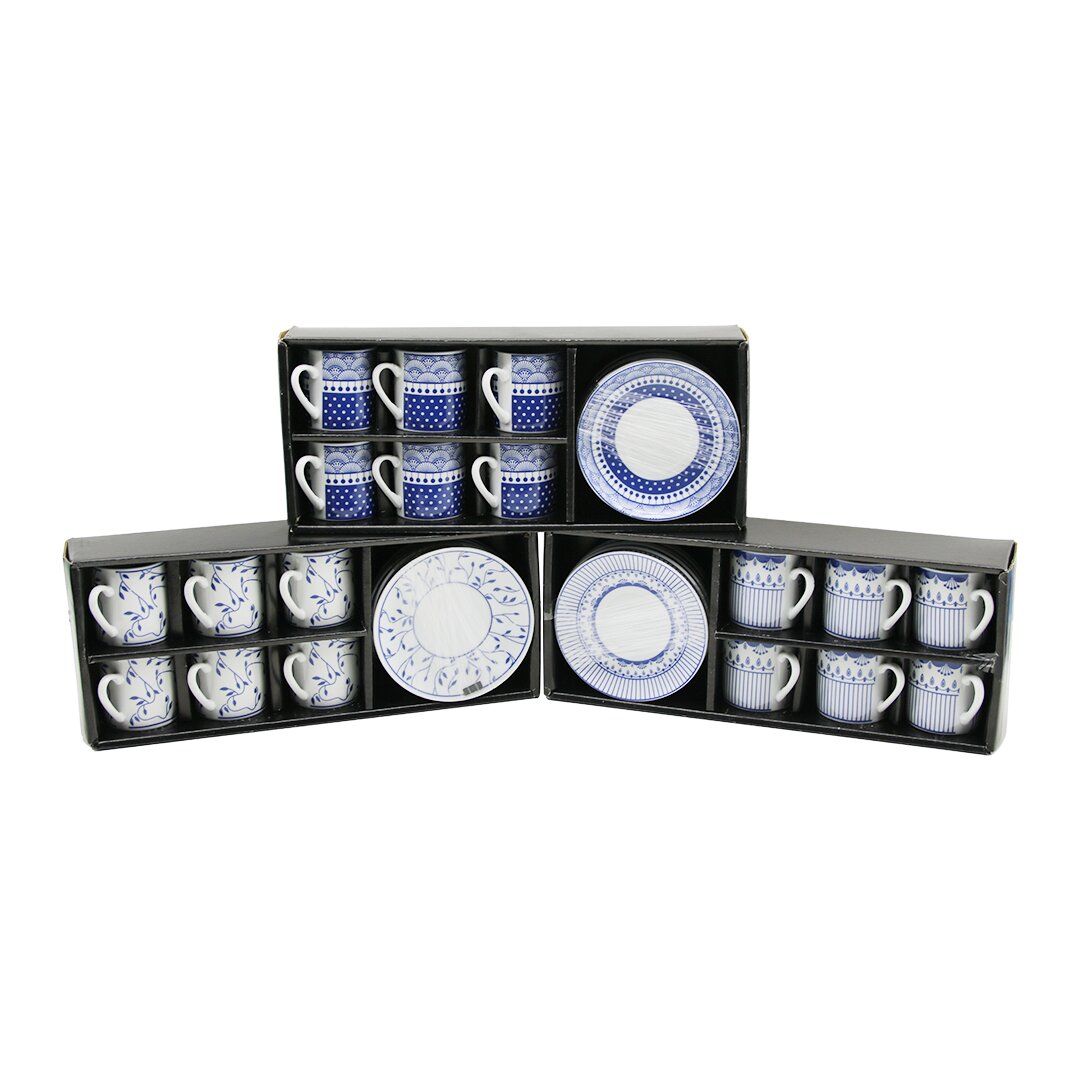 NEWLİFE CLKN-2370 ( MAVİ & BEYAZ ) ( 12PCS=6-TAKIM ) PORSELEN KAHVE FİNCANI ( ÇİÇEK & ÇİZGİ & NOKTA MİX DESEN )*12
