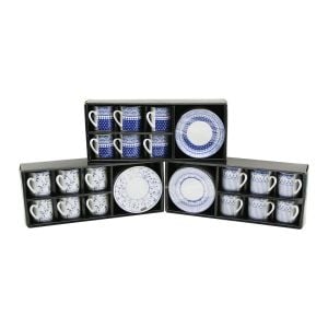 NEWLİFE CLKN-2370 ( MAVİ & BEYAZ ) ( 12PCS=6-TAKIM ) PORSELEN KAHVE FİNCANI ( ÇİÇEK & ÇİZGİ & NOKTA MİX DESEN )*12
