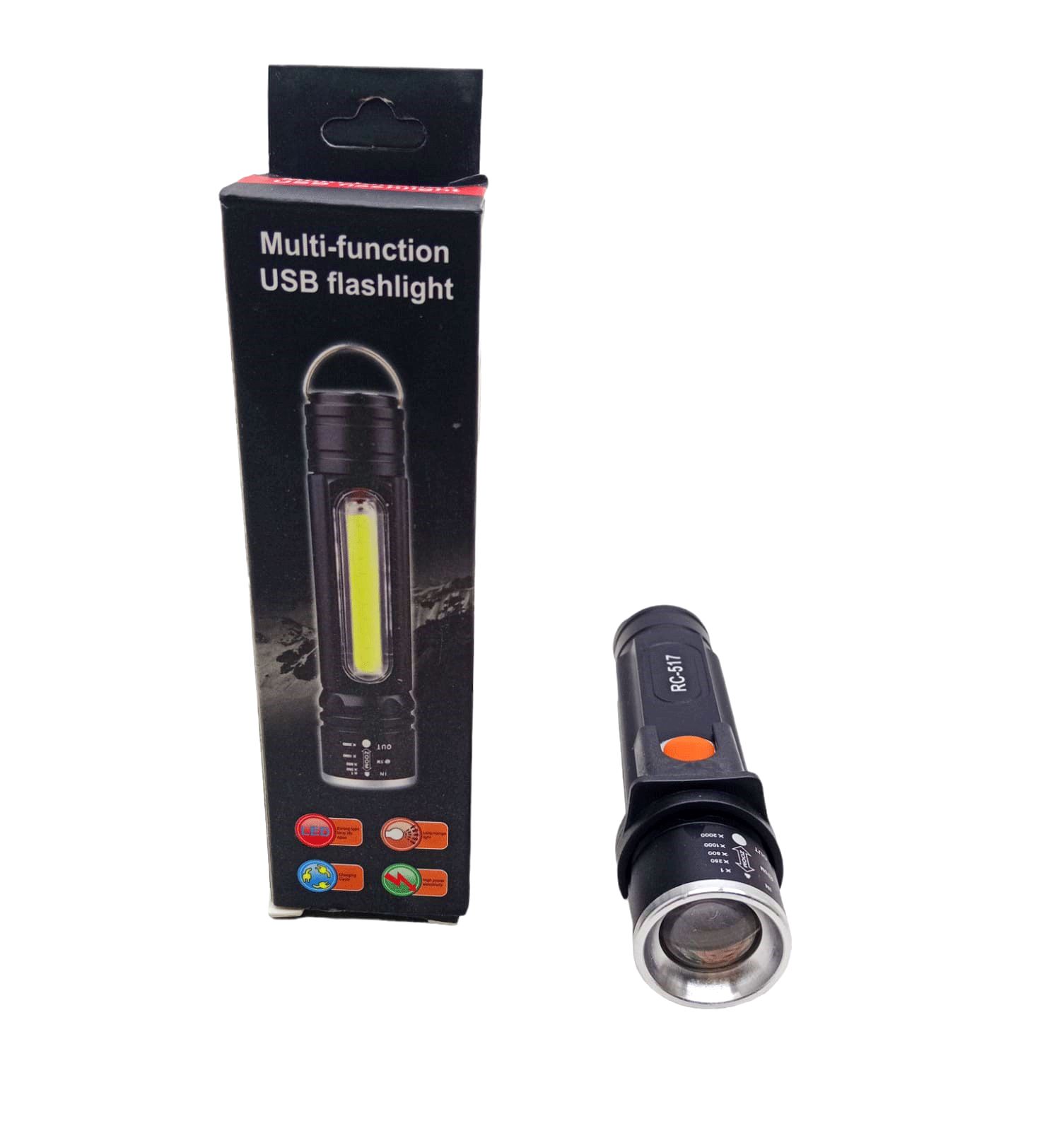 RANCHİ MULTİ-FUNCTİON RC-517 ZOOMLU USB ŞARJLI EL FENERİ METAL KASA*240                             Q9