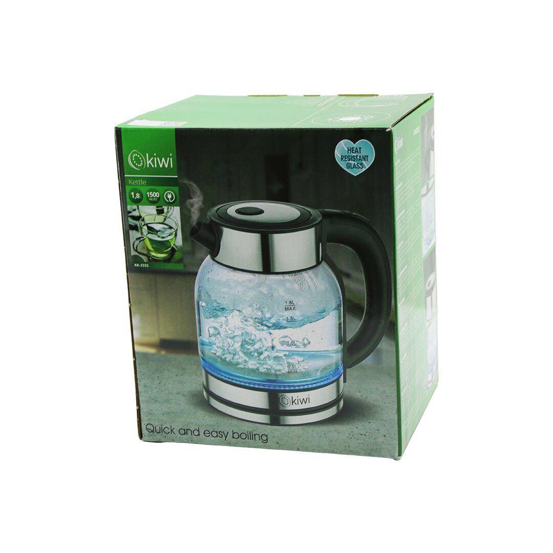 KİWİ KK-3333 (SÜRAHİ MODEL) CAM KETTLE SU ISITICI (1.8LT) (1500W) (360°) (GİZLİ RESİZTANS) (KROM KAPLAMA=TABAN & AĞIZ & KAPAK)*12