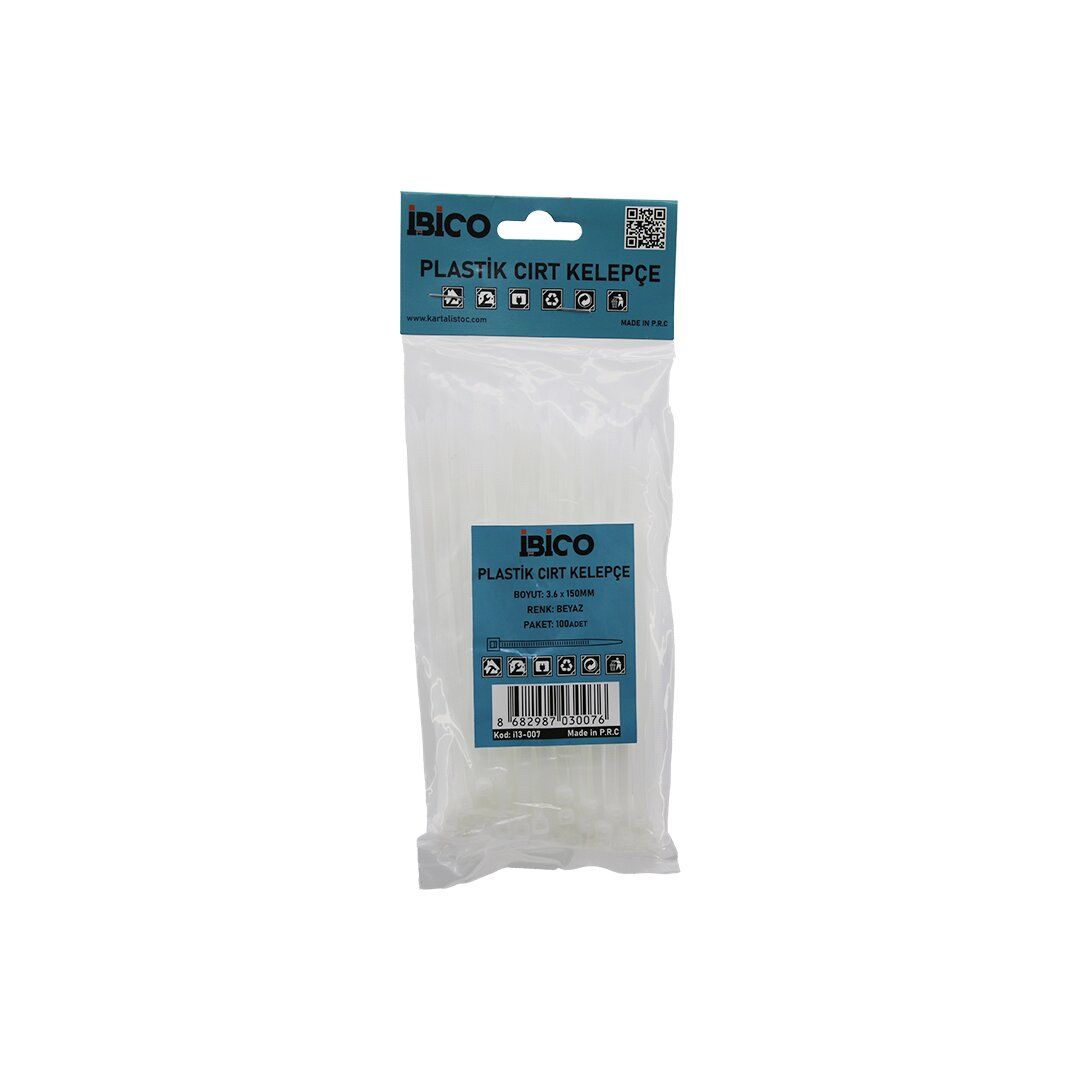 İBİCO İ13-007 ( BEYAZ ) ( 3.6X150MM ) PLASTİK CIRT KELEPÇE ( 100PCS )*400