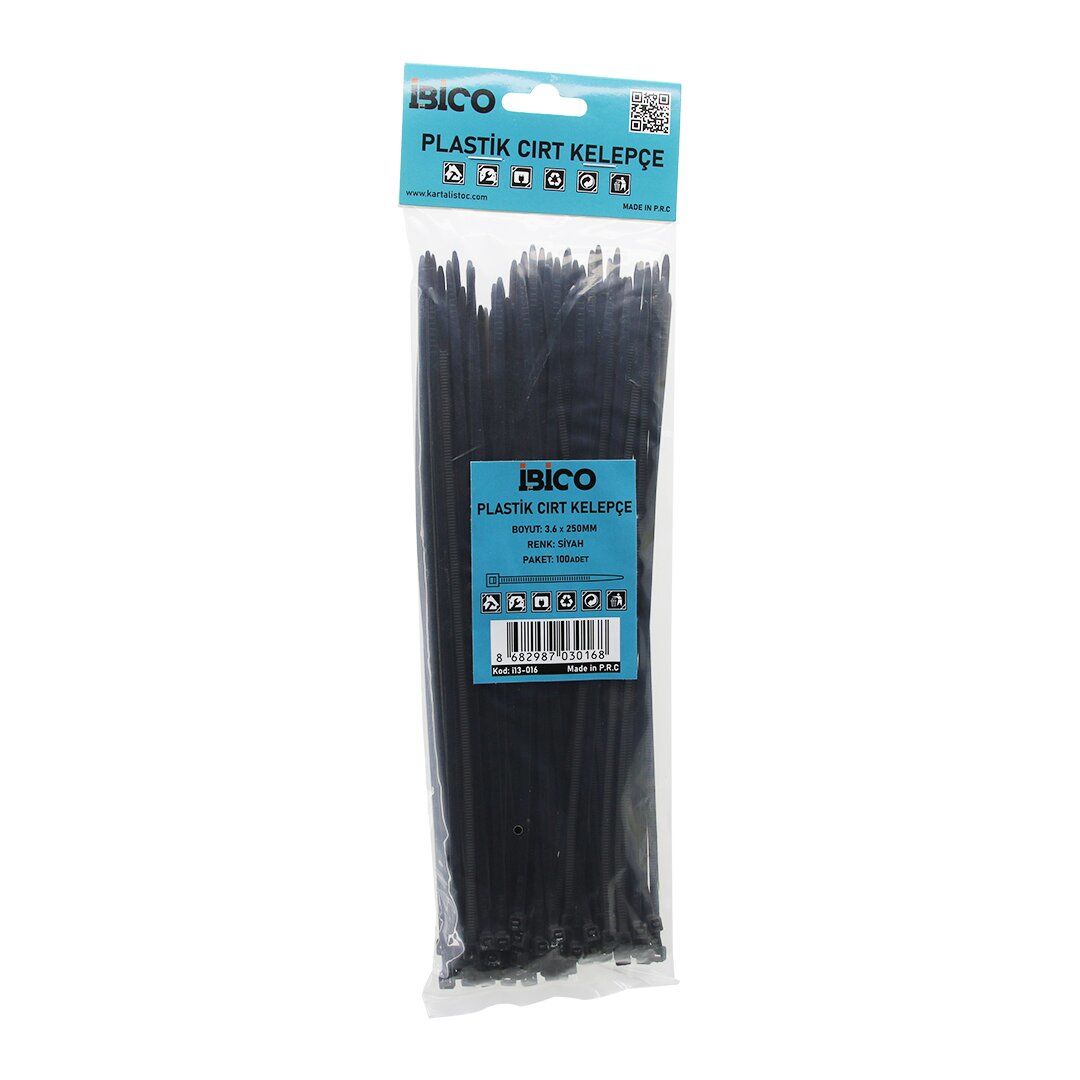 İBİCO İ13-016 ( SİYAH ) ( 3.6X250MM ) PLASTİK CIRT KELEPÇE ( 100PCS )*250