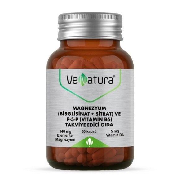 Venatura Magnezyum (Bisglisinat + Sitrat) ve P-5-P (Vitamin B6) Takviye Edici Gıda 140mg 60 Kapsül