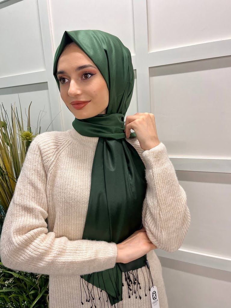 Qoza By İpekevi Çift Taraflı Şal - Solid Tek Renk Modal İpek Şal 6848 ÇAM YEŞİLİ