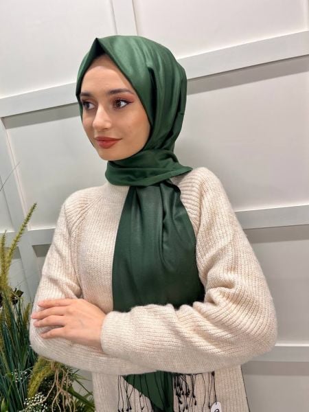 Qoza By İpekevi Double Sided Modal-Silk Single Color Solid Shawl 6848 PINE GREEN