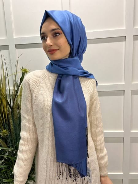 Qoza By İpekevi Çift Taraflı Şal - Solid Tek Renk Modal İpek Şal 6848 MAVİ