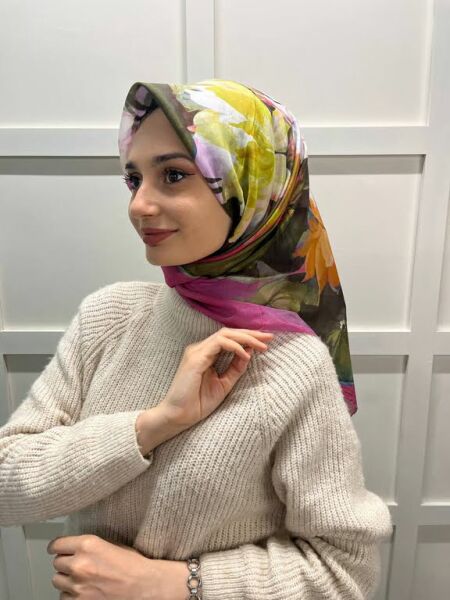 Aker İpek Koton (Pamuklu) Yaz Serinliği Desenli Eşarp 7759221 PUDRA