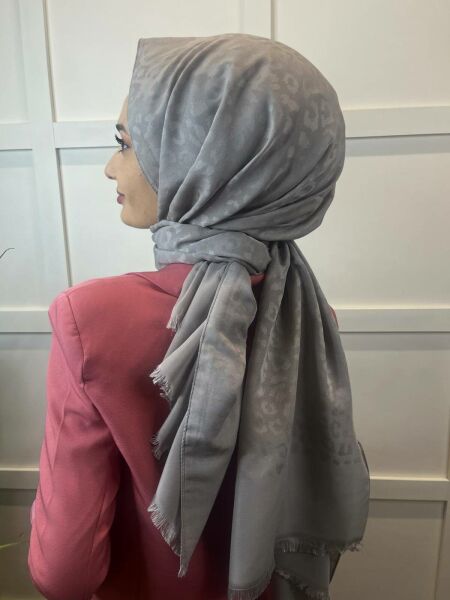 Siyane Scarf Pamuk Jakar Leopar Desen Şal 00964 KOYU GÜMÜŞ